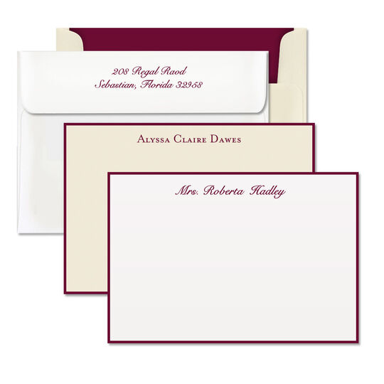 Wine Hand-Bordered Flat Note Cards - Raised Ink